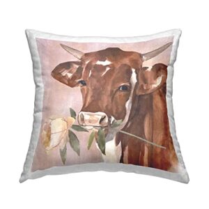 stupell industries romantic bull cattle white rose over pink design by annie warren pillow, 18 x 18, brown
