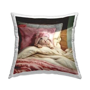 stupell industries bunny rabbit resting in bed modern portrait design by lucia heffernan pillow, 18 x 18, pink