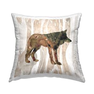 stupell industries woodland wolf watercolor silhouette rustic grain pattern design by carol robinson pillow, 18 x 18, brown