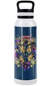 harry potter official hogwarts multi-colored floral crest 24 oz insulated canteen water bottle, leak resistant, vacuum insulated stainless steel with loop cap, white