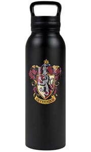 harry potter official gryffindor crest 24 oz insulated canteen water bottle, leak resistant, vacuum insulated stainless steel with loop cap, black