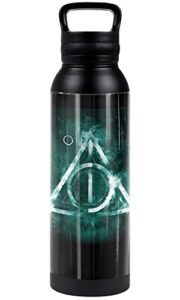 harry potter official deathly hallows logo 24 oz insulated canteen water bottle, leak resistant, vacuum insulated stainless steel with loop cap, black