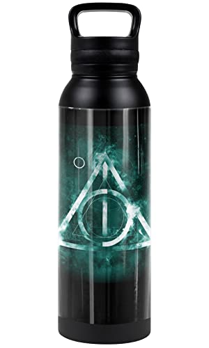 Harry Potter OFFICIAL Deathly Hallows Logo 24 oz Insulated Canteen Water Bottle, Leak Resistant, Vacuum Insulated Stainless Steel with Loop Cap, Black