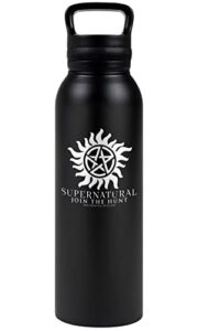 supernatural official anti possession symbol 24 oz insulated canteen water bottle, leak resistant, vacuum insulated stainless steel with loop cap, black