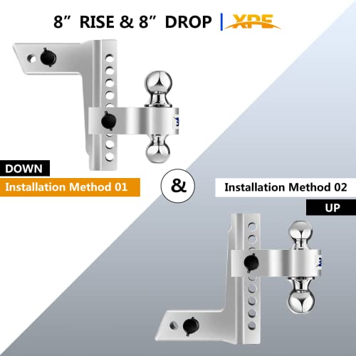 XPE Adjustable Trailer Hitch Fits 2.5'' Receiver, 8'' Drop/Rise Drop, Chrome Plated Steel Tow Balls (2''X2-5/16''), Heavy Duty Ball Mount - 18,500 Gtw with Trailer Locks, Silver X-312508