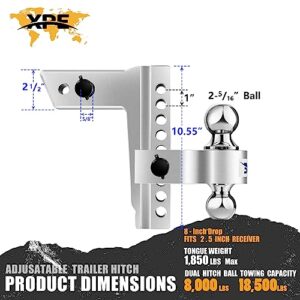 XPE Adjustable Trailer Hitch Fits 2.5'' Receiver, 8'' Drop/Rise Drop, Chrome Plated Steel Tow Balls (2''X2-5/16''), Heavy Duty Ball Mount - 18,500 Gtw with Trailer Locks, Silver X-312508