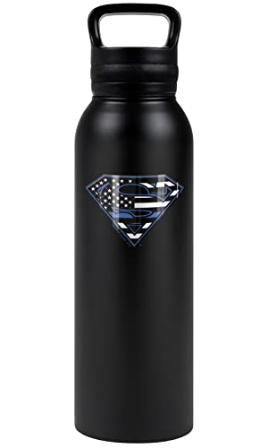 Superman OFFICIAL Superman Thin Blue Line Flag Shield Logo Pattern 24 oz Insulated Canteen Water Bottle, Leak Resistant, Vacuum Insulated Stainless Steel with Loop Cap, Black