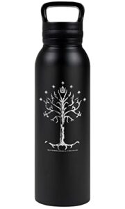 lord of the rings official tree of gondor 24 oz insulated canteen water bottle, leak resistant, vacuum insulated stainless steel with loop cap, black