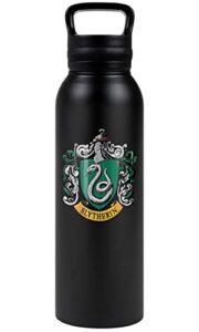 harry potter official slytherin crest 24 oz insulated canteen water bottle, leak resistant, vacuum insulated stainless steel with loop cap, black