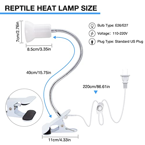 Turtle Heat Lamps,Small Heat Lamp for Turtle Tank,Turtle Light with 10mm Thick Gooseneck,360° Rotatable Heat Lamp with Clamp,Reptile Light for Bearded Dragon/Turtle/Lizard,1PC (No Bulb)