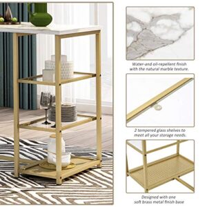 PPHome Table & Chair 3-Piece Modern Faux Marble Countertop/Bar Stools/Storage Shelves, Breakfast Chair Home Kitchen Pub, Living Room Furniture (White/Gold), Dining Table Set