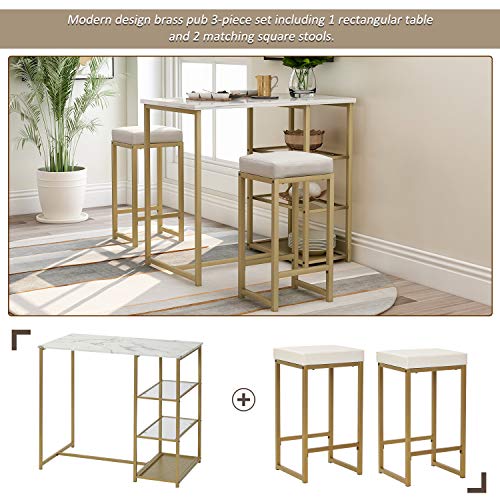 PPHome Table & Chair 3-Piece Modern Faux Marble Countertop/Bar Stools/Storage Shelves, Breakfast Chair Home Kitchen Pub, Living Room Furniture (White/Gold), Dining Table Set