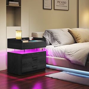 TC-HOMENY LED Nightstand with Voice-Activated Mode, End Table with Charging Station for Bedroom Furniture, Side Bed Table with 2 Drawers (Black)