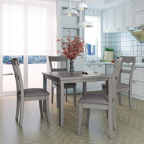 PPHome Table & Chair, Farmhouse Style, Industrial Wooden Kitchen 4 Upholstered Chairs, Family Furniture for Dining Room (Grey), 5-Piece Table Set