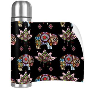 Vintage Lotus Ethnic Elephant Vacuum Insulated Water Bottle Stainless Steel Thermos Flask Travel Mug Coffee Cup Double Walled 17 OZ