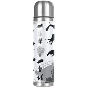 silhouettes of sea fish and animals stainless steel coffee thermos, double walled insulated water bottle for outdoor sports, office, car (17 oz/500ml)