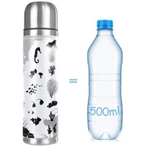 Silhouettes of Sea Fish and Animals Stainless Steel Coffee Thermos, Double Walled Insulated Water Bottle for Outdoor Sports, Office, Car (17 OZ/500ML)