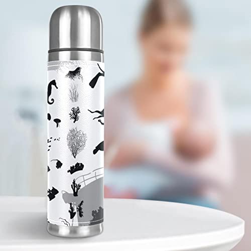Silhouettes of Sea Fish and Animals Stainless Steel Coffee Thermos, Double Walled Insulated Water Bottle for Outdoor Sports, Office, Car (17 OZ/500ML)