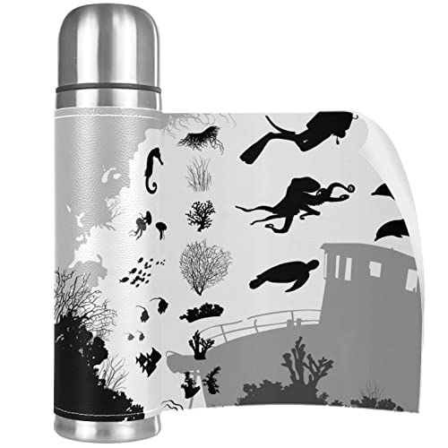 Silhouettes of Sea Fish and Animals Stainless Steel Coffee Thermos, Double Walled Insulated Water Bottle for Outdoor Sports, Office, Car (17 OZ/500ML)