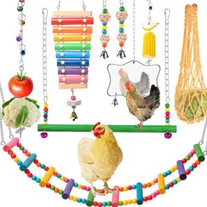 kakunm chicken toys for coop 9pcs- chicken xylophone, chicken swing, chicken mirror, chicken flexible ladder, chicken vegetable string bag and hanging feeder
