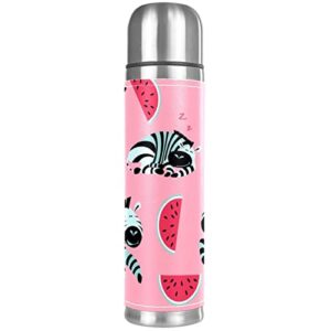 cute zebras and watermelon pink stainless steel water bottle, leak-proof travel thermos mug, double walled vacuum insulated flask 17 oz