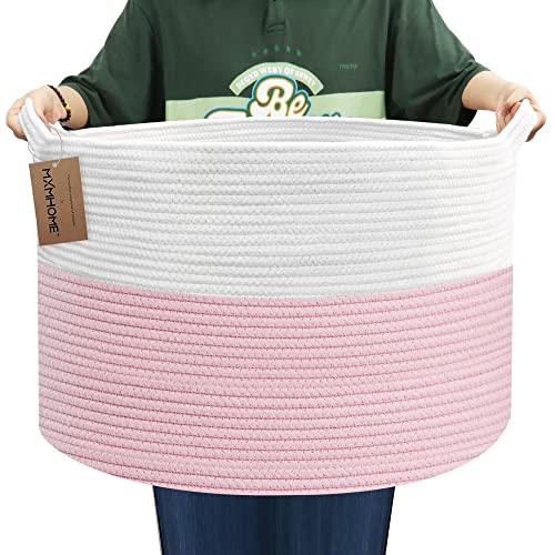 MXMHOME Large Woven Rope Basket With Handles Basket for Blankets for Living Room Large Baby Cat Dog Toy Storage Basket Wicker Woven Big Round Laundry Basket Hamper (23.6”x14.1”), XXXL, Pink