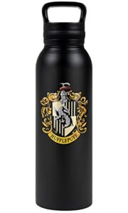harry potter official hufflepuff crest 24 oz insulated canteen water bottle, leak resistant, vacuum insulated stainless steel with loop cap, black