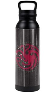 game of thrones official targaryen sigil 24 oz insulated canteen water bottle, leak resistant, vacuum insulated stainless steel with loop cap, black