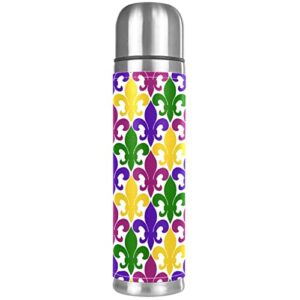 fleur de lis mardi gras vacuum insulated water bottle stainless steel thermos flask travel mug coffee cup double walled 17 oz