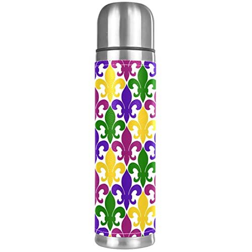 Fleur De Lis Mardi Gras Vacuum Insulated Water Bottle Stainless Steel Thermos Flask Travel Mug Coffee Cup Double Walled 17 OZ