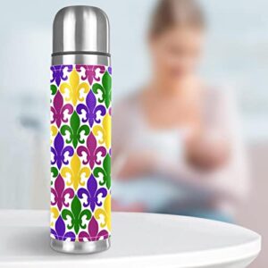 Fleur De Lis Mardi Gras Vacuum Insulated Water Bottle Stainless Steel Thermos Flask Travel Mug Coffee Cup Double Walled 17 OZ