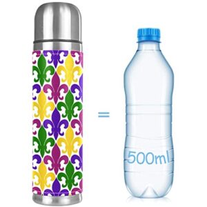 Fleur De Lis Mardi Gras Vacuum Insulated Water Bottle Stainless Steel Thermos Flask Travel Mug Coffee Cup Double Walled 17 OZ