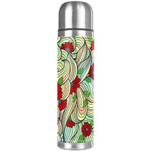 red flower floral art stainless steel coffee thermos, double walled insulated water bottle for outdoor sports, office, car (17 oz/500ml)