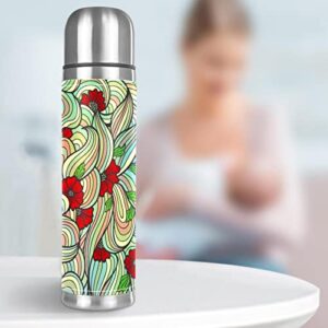 Red Flower Floral Art Stainless Steel Coffee Thermos, Double Walled Insulated Water Bottle for Outdoor Sports, Office, Car (17 OZ/500ML)