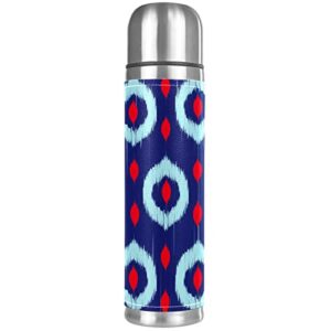 ikat magnolia blue print stainless steel water bottle leak-proof, double walled vacuum insulated flask thermos cup travel mug 17 oz