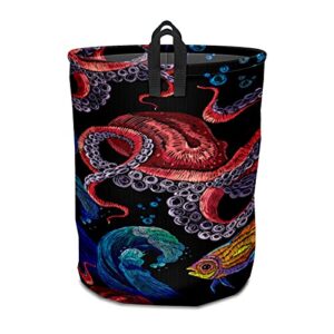 laundry basket hamper with handles ocean octopus waves fish canvas freestanding dirty clothes hampers waterproof lightweight large storage basket for bedroom dorm clothes towels toys organizer