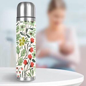 Summer Floral Pattern with Colorful Plants and Flowers Vacuum Insulated Water Bottle Stainless Steel Thermos Flask Travel Mug Coffee Cup Double Walled 17 OZ