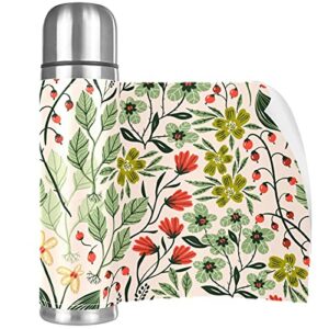 Summer Floral Pattern with Colorful Plants and Flowers Vacuum Insulated Water Bottle Stainless Steel Thermos Flask Travel Mug Coffee Cup Double Walled 17 OZ