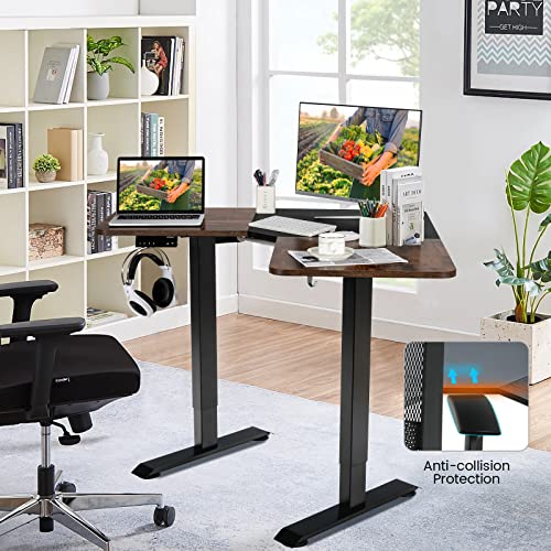 COSTWAY L Shaped Electric Adjustable Desk, L-Shaped Standing Computer Desk w/Splice Tabletop, 2 Hooks & Rolling Casters, Sit-Stand Corner Desk w/ 4 Memory Positions for Home Office (Rustic Brown)
