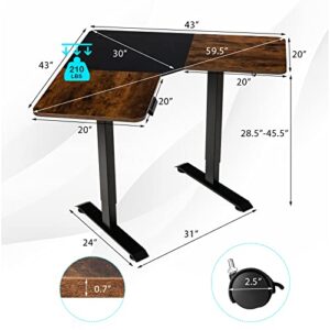 COSTWAY L Shaped Electric Adjustable Desk, L-Shaped Standing Computer Desk w/Splice Tabletop, 2 Hooks & Rolling Casters, Sit-Stand Corner Desk w/ 4 Memory Positions for Home Office (Rustic Brown)