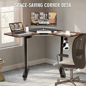 COSTWAY L Shaped Electric Adjustable Desk, L-Shaped Standing Computer Desk w/Splice Tabletop, 2 Hooks & Rolling Casters, Sit-Stand Corner Desk w/ 4 Memory Positions for Home Office (Rustic Brown)