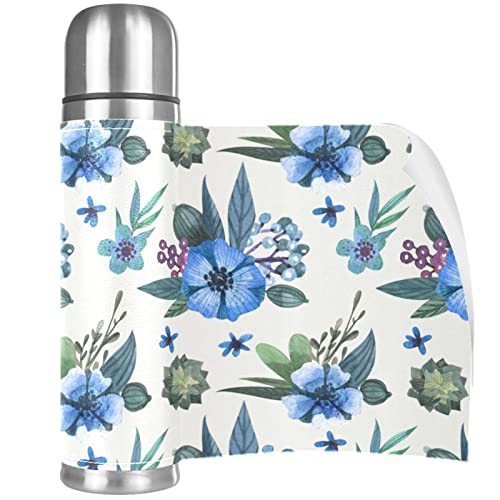 Watercolor Blue Floral Flower Cute Stainless Steel Water Bottle Leak-Proof, Double Walled Vacuum Insulated Flask Thermos Cup Travel Mug 17 OZ