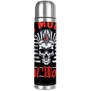 the mummy pharaoh skull head stainless steel water bottle leak-proof, double walled vacuum insulated flask thermos cup travel mug 17 oz