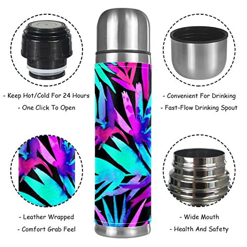 Bright Tropical Palms Pattern Stainless Steel Water Bottle, Leak-Proof Travel Thermos Mug, Double Walled Vacuum Insulated Flask 17 OZ