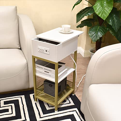 SZLHANJZ Modern Nightstand, White Nightstand with Charging Station, Slide Top Bed Side Table with Storage Drawer, 3 Tier Wood & Metal Narrow End Table for Home Apartment Dorm, Gold + White