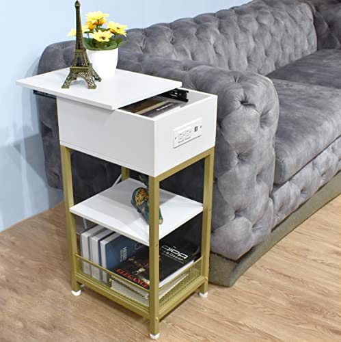 SZLHANJZ Modern Nightstand, White Nightstand with Charging Station, Slide Top Bed Side Table with Storage Drawer, 3 Tier Wood & Metal Narrow End Table for Home Apartment Dorm, Gold + White