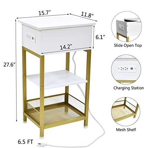 SZLHANJZ Modern Nightstand, White Nightstand with Charging Station, Slide Top Bed Side Table with Storage Drawer, 3 Tier Wood & Metal Narrow End Table for Home Apartment Dorm, Gold + White