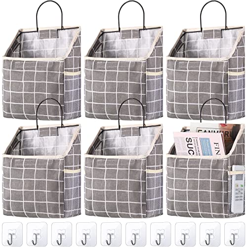 6 Pieces Wall Hanging Storage Bag with 10 Sticky Hooks Grid Over The Door Closet Organizer Pocket Hanging Wall Basket Camper Storage Accessories for Inside Bedroom Bathroom (Gray Grid)