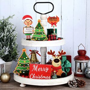 7 pcs christmas tiered tray decor, farmhouse rustic christmas indoor decorations wooden tiered tray xmas tree reindeer elf guidepost merry christmas signs set for table mantle holiday decor