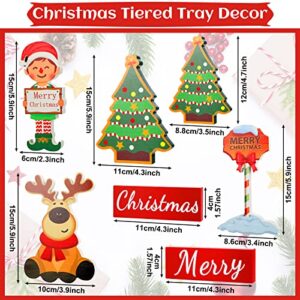 7 Pcs Christmas Tiered Tray Decor, Farmhouse Rustic Christmas Indoor Decorations Wooden Tiered Tray Xmas Tree Reindeer Elf Guidepost Merry Christmas Signs Set for Table Mantle Holiday Decor